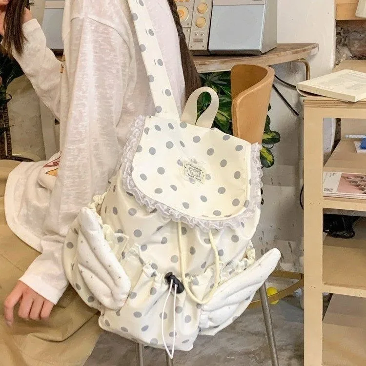 Kawaii Women Polka Dot Drawstring Backpack with Angel Wings Lace Trim Lightweight Nylon School Daypack for Teen Girls Travel