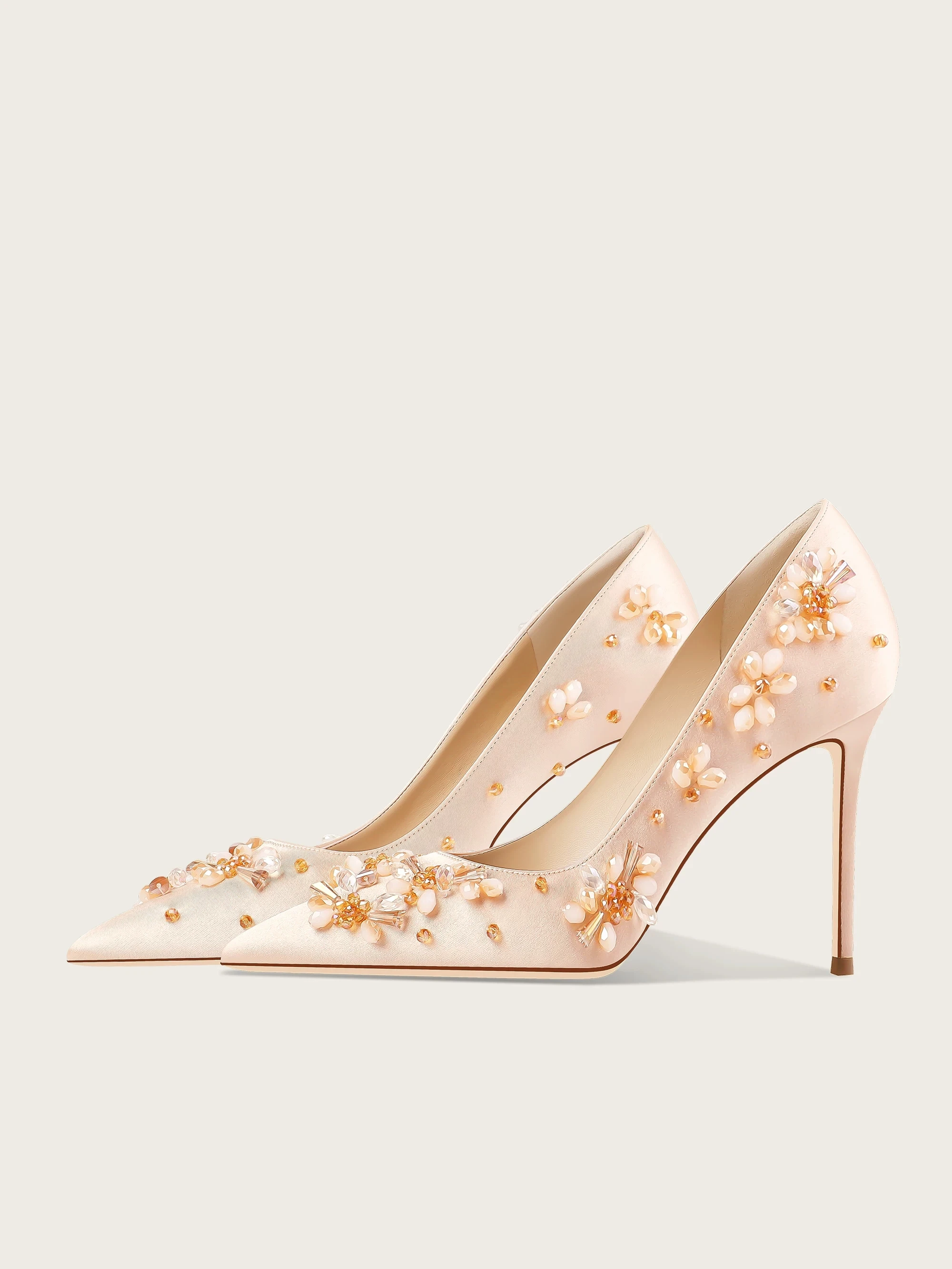 Spring new pointed shallow mouth silk satin rhinestone bead flower wedding shoes banquet dress slim heels high heels women shoes