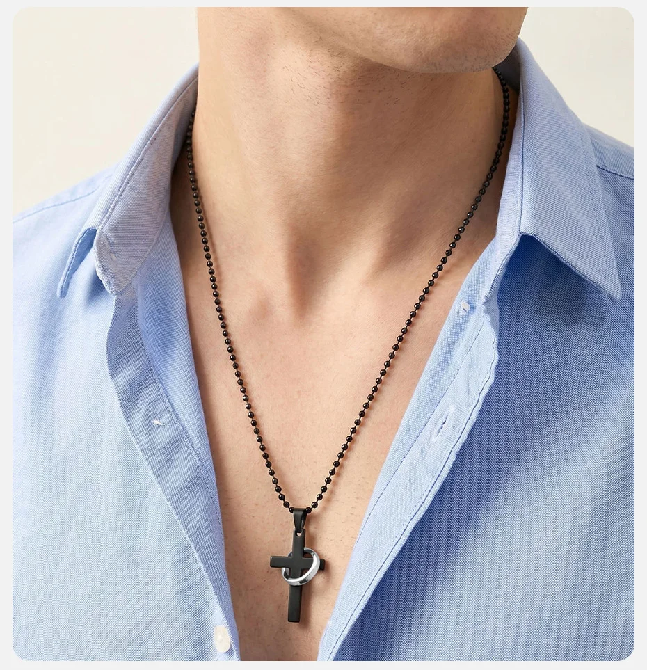 Vnox Geometrische Kreuz-Kreis-Anhänger-Halsketten für Männer, Edelstahl in Schwarz und Silber, Mehrschichtige Halskette als Gothic-Glaubensgeschenk – Detail 3