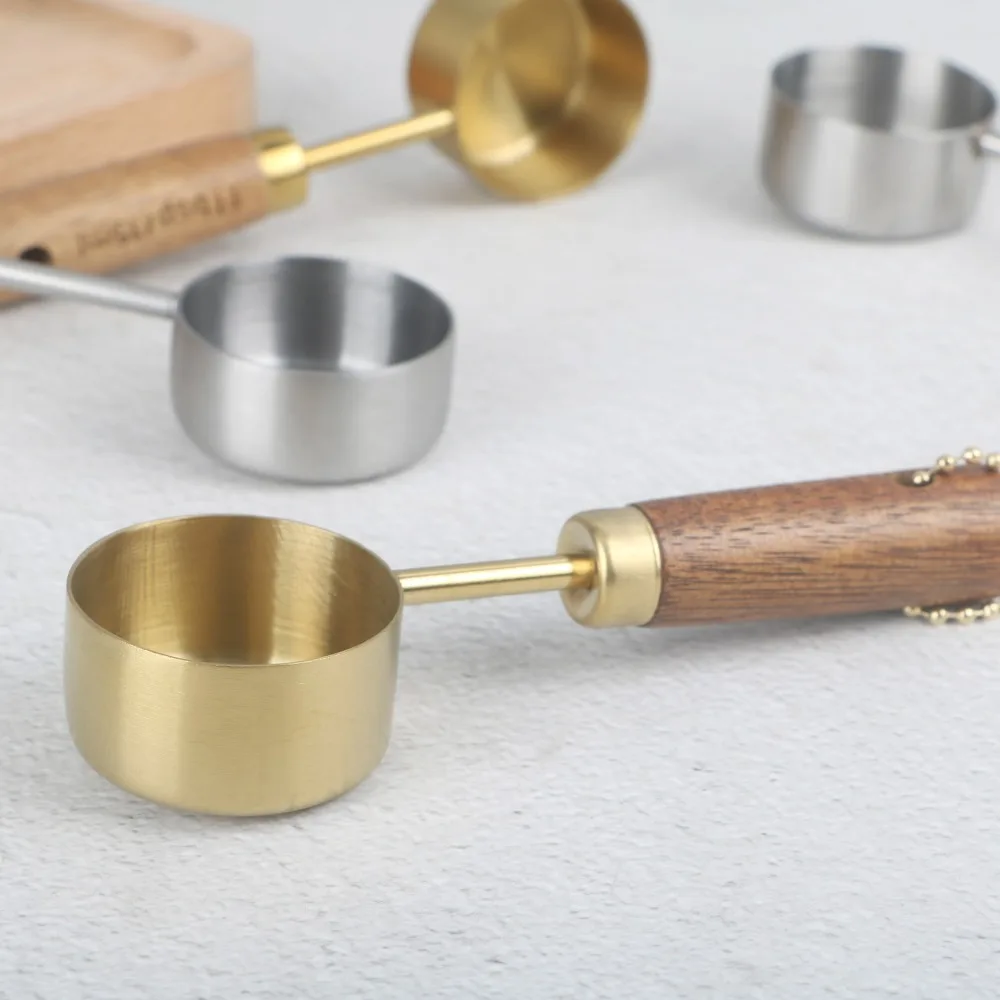 Flat Bottom Stainless Steel Measure Spoon with Wood Handle Hangable Measuring Cup 14ml Rustproof Kitchen Measure Tools Baking