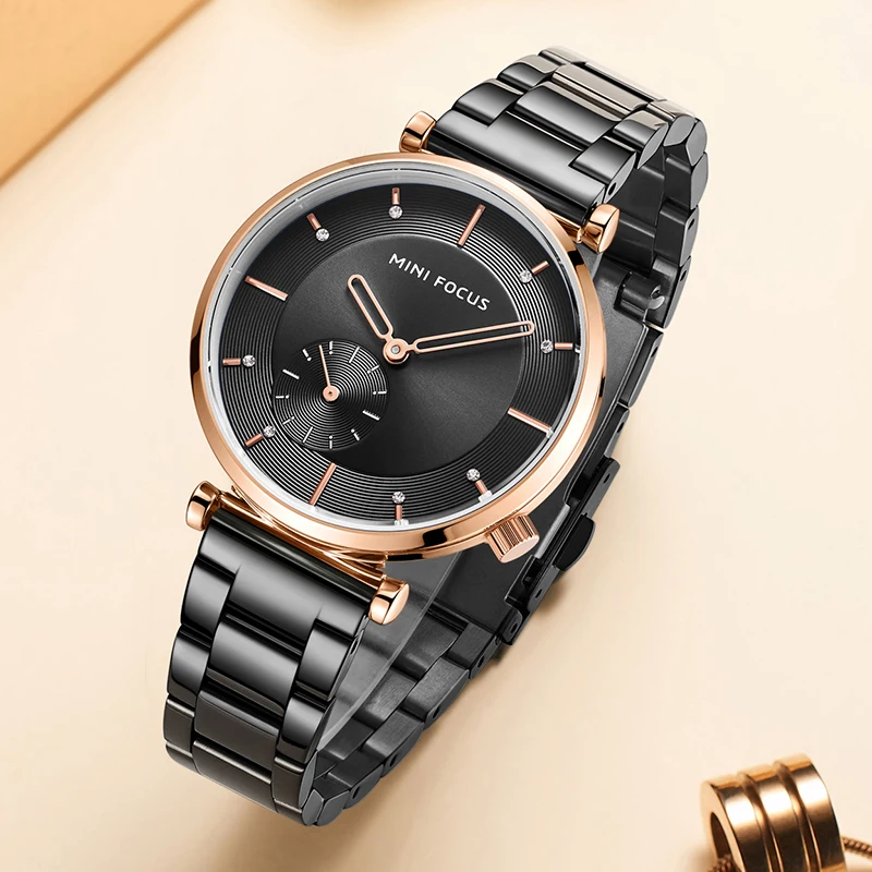 Mini Focus MF0333L Elegant Luxury Women Quartz Watches Black Stainless Steel Band Waterproof Analog Watch