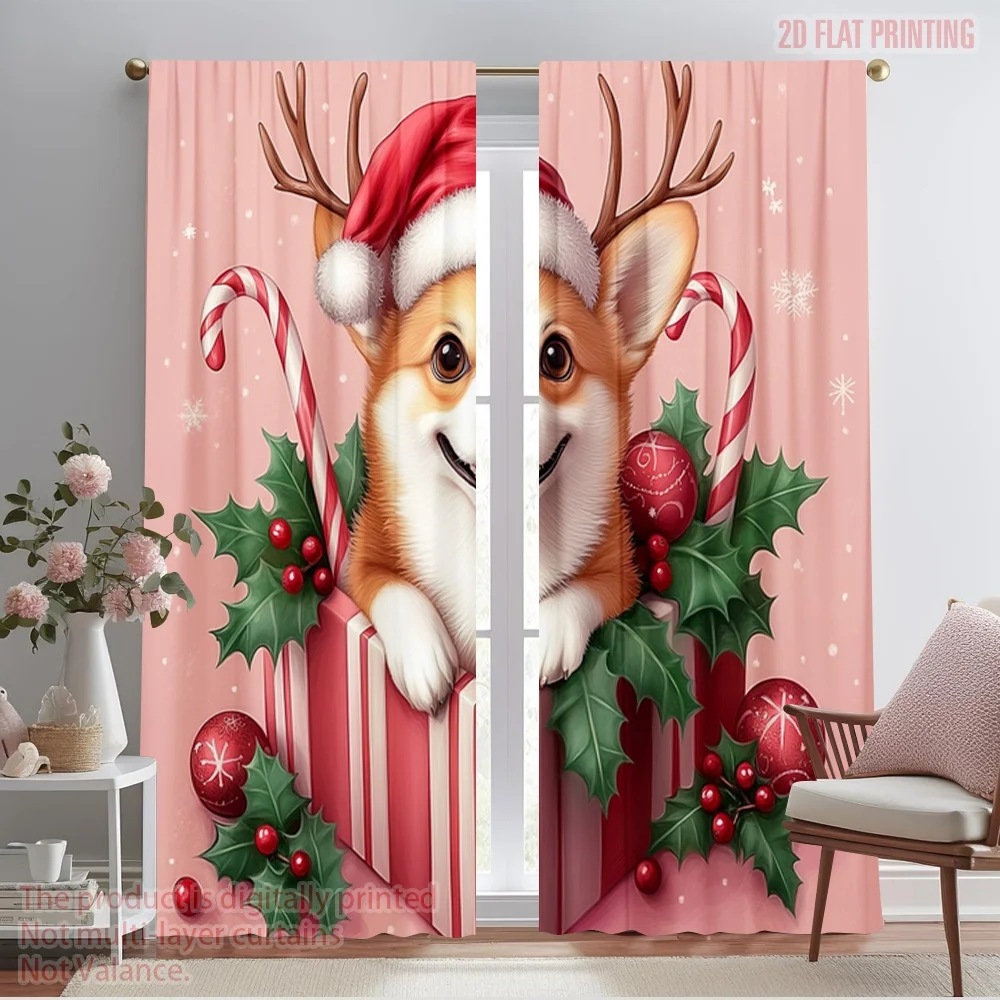 

2pcs,2D plane printing Popular Curtain Panels Christmas Corgi Gift Festive Dog (4) Versatile Polyester Fabric (without rod) All
