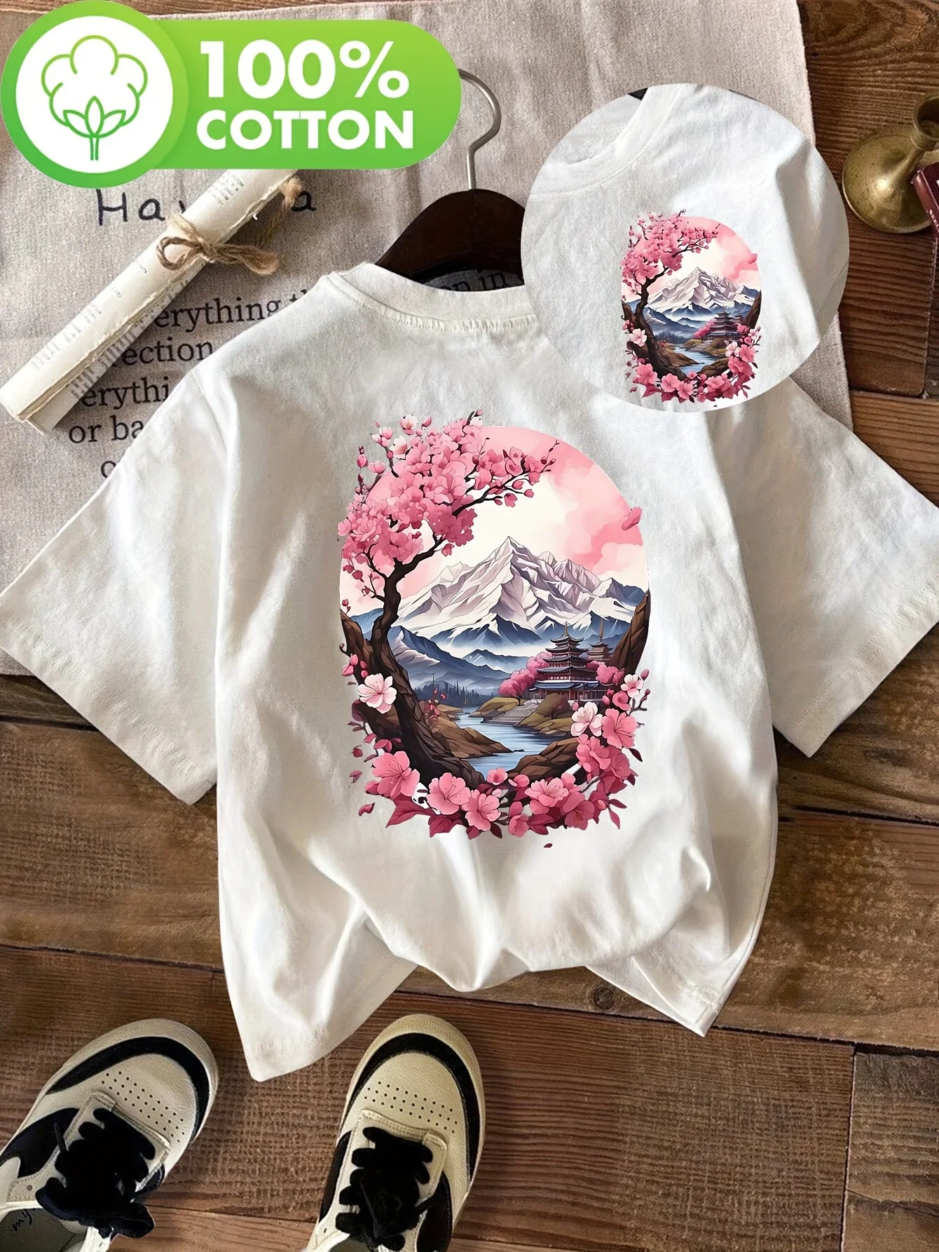 Vintage 100% Cotton Japanese Style Print Women T-Shirt Cherry Flower Mountain Landscape Short Sleeve Casual Top Tee Graphic