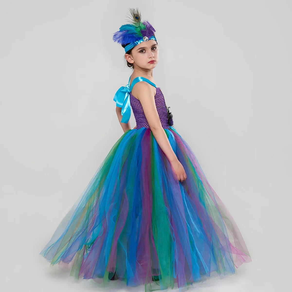 Peacock Elegant Princess Tulle Dress With Feather Headband For Holiday Purim Holiday Party Masquerade Ball Stage Performance Set