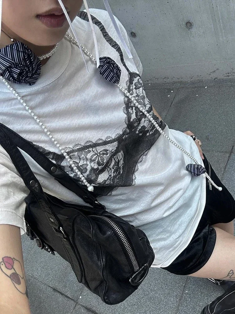 Ueteey Black Lace Bra Print White Graphic T-Shirt Fashion Woman Blouse Tees 2025 O Neck Short Sleeve Casual Street Sweats Tops