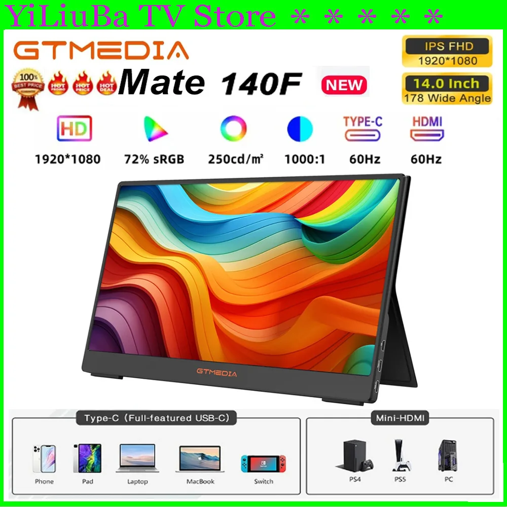 

Genuine]GTMEDIA MATE 140F Portable Monitor 14.0 Inch 250cd/㎡ 72% sRGB Display IPS FHD Screen Type-C USB Screen Compatible Laptop