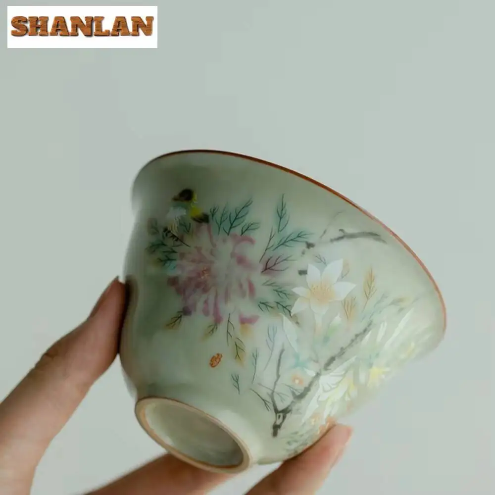 135ml Chinese Flower and Bird Gaiwan Retro Secret Yellow Ru Kiln Hand Grab Tea Tureen Tea Making Cover Bowl Tea Ceremony Craft