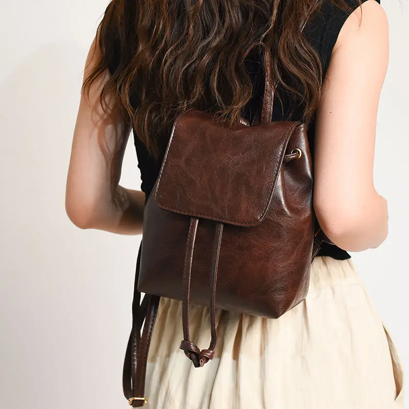 

Shoulder New Style Simple Literary All-match Drawstring Compact Retro Brown Storage Bag