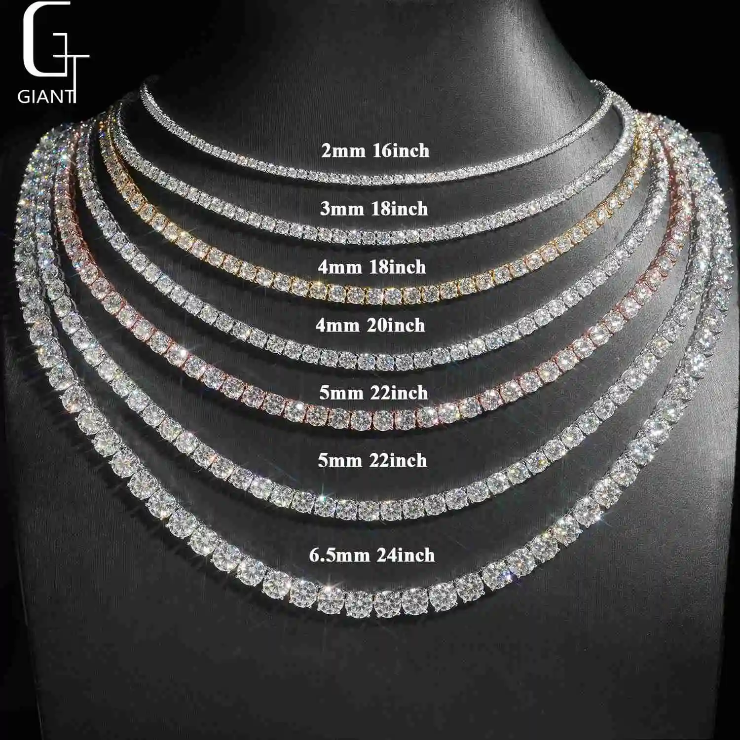 2/3/4/5/6.5mm Giant Moissanite Tennis Chain HipHop Jewelry 925 Sterling Silver Moissanite Diamond Tennis Link Chain Necklace GRA