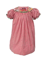 Summer Handmade Girls Smocking Dress Red Plaid Cotton Skirt Farm Element Pattern Embroidery Baby Girl Princess Dress 2Pcs Set