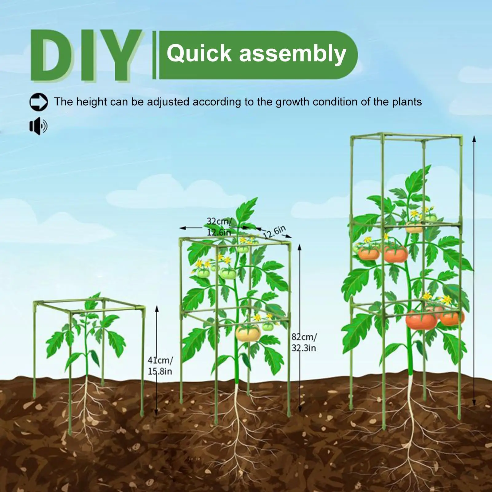 Tomato Cage 64 Inch Square Heavy Duty Stakes Cucumber Trellis Plant Cage Support for Climbing Vine Flower Vegetable Fruit Indoor