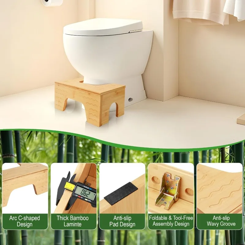 Foldable Toilet Stool Squat,Adjustable Heights, Bamboo Poop Stool for Adults and Kids- Improve Bathroom Posture and Comfort