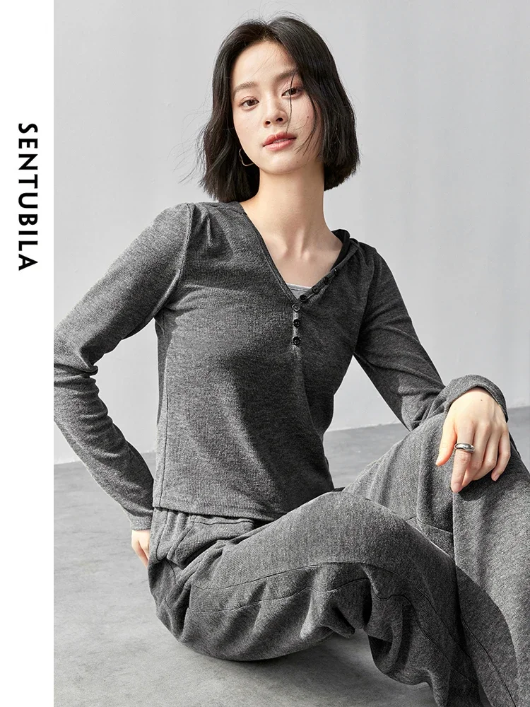 

SENTUBILA Women's Autumn Knitted Suit 2025 Cotton Vest Hooded Patchwork Tops Straight Pants Comfort 3 Piece Pant Set 143Z56053