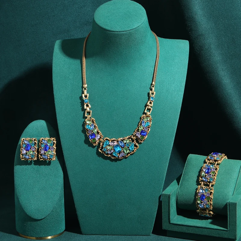 

Vintage Blue Crystal Colorful Jewelry Sets Gold Color Irregular Design Necklace Stud Earrings Bracelet Bohemia Accessories Woman