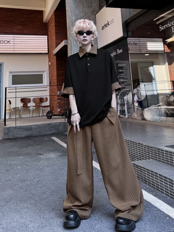 

Summer Faion irt ort Sve T-irt Overhead Wide Leg Pants Set Patchwork Stripes Cool Korean Sle High End Feeling