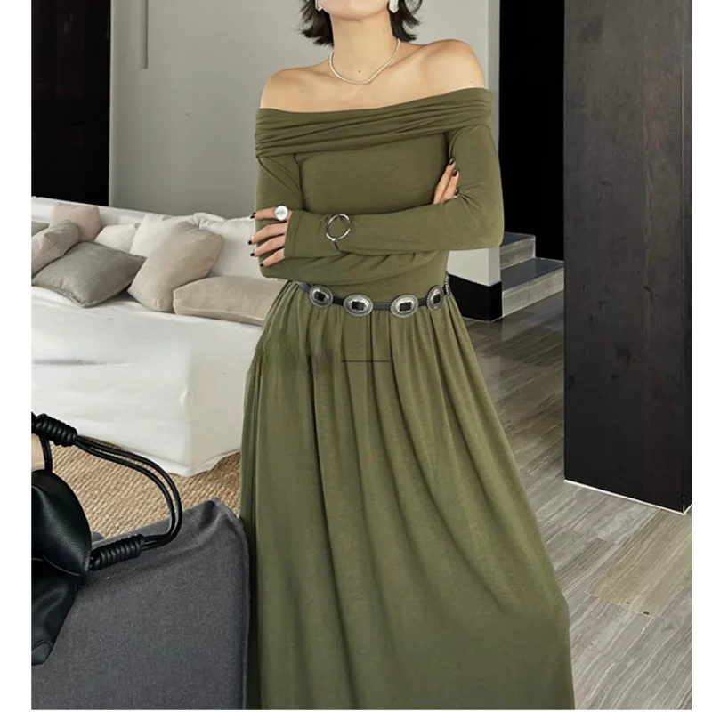 

Women Autumn Vintage Long Sleeve Knit Dress French Elegant Strapless Sexy Chic Party Black Elastic Maxi Dresses Para Mujer 1585