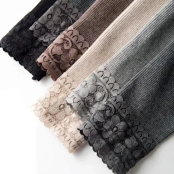 Artı kadife kalınlaşmak dikey çizgili dantel dikiş tayt kadın sonbahar kış pantolonları streç yüksek bel pamuklu tozluklar C6771