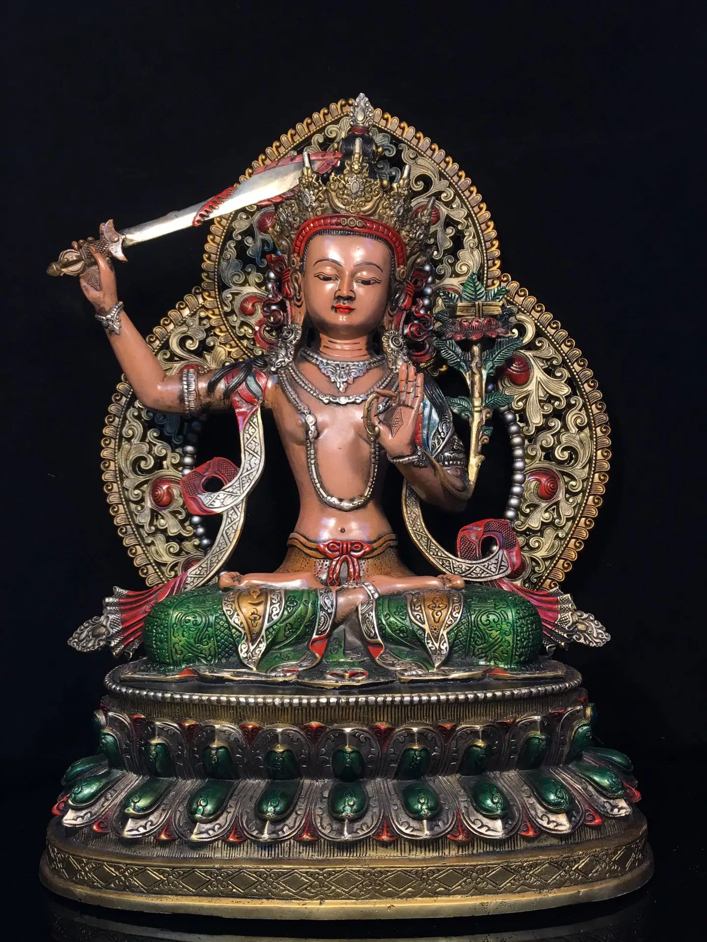 

19"Tibetan Temple Collection Old Bronze Painting Manjushri Bodhisattva With Sword Lotus Terrace Buddha Backlight Worship hall