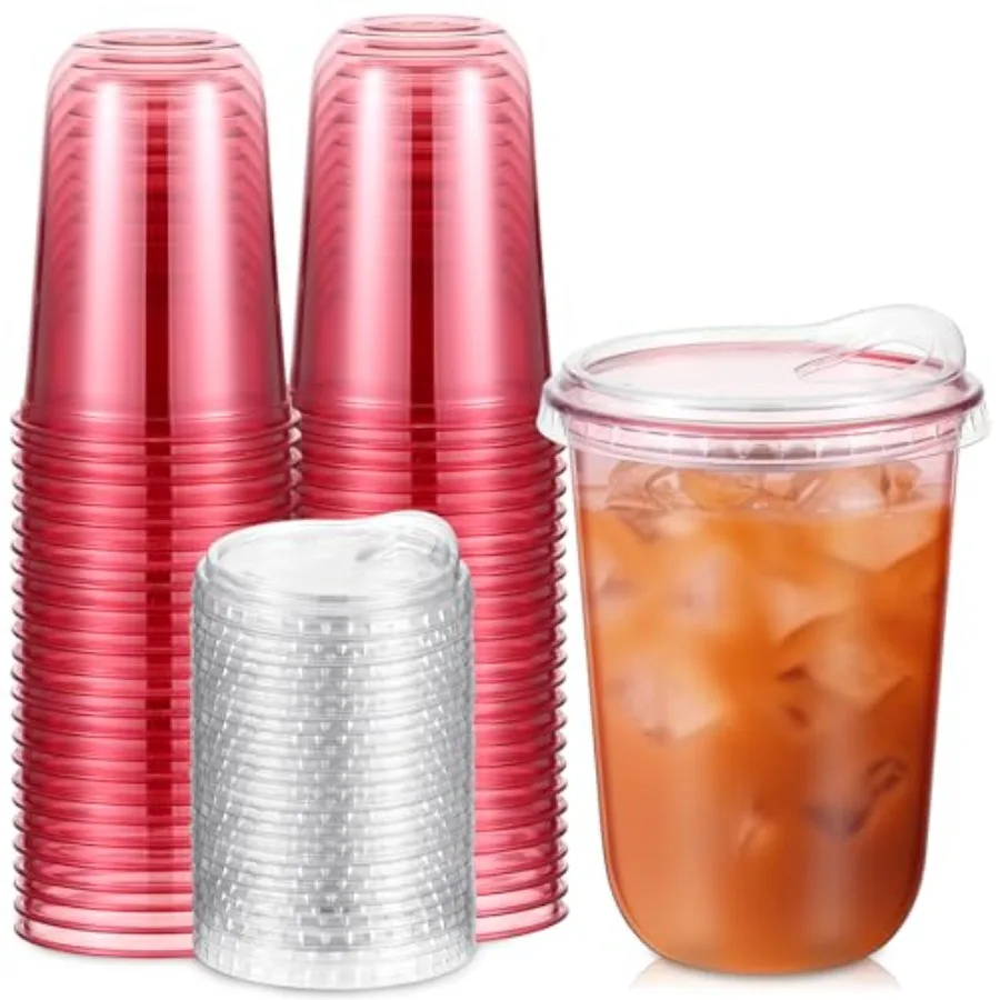 

50 Pcs Round Bottom Plastic Cups with Sip Lids Disposable Iced Coffee Cups for Smoothie Cold Beverage Coffee Shops and Party Ca