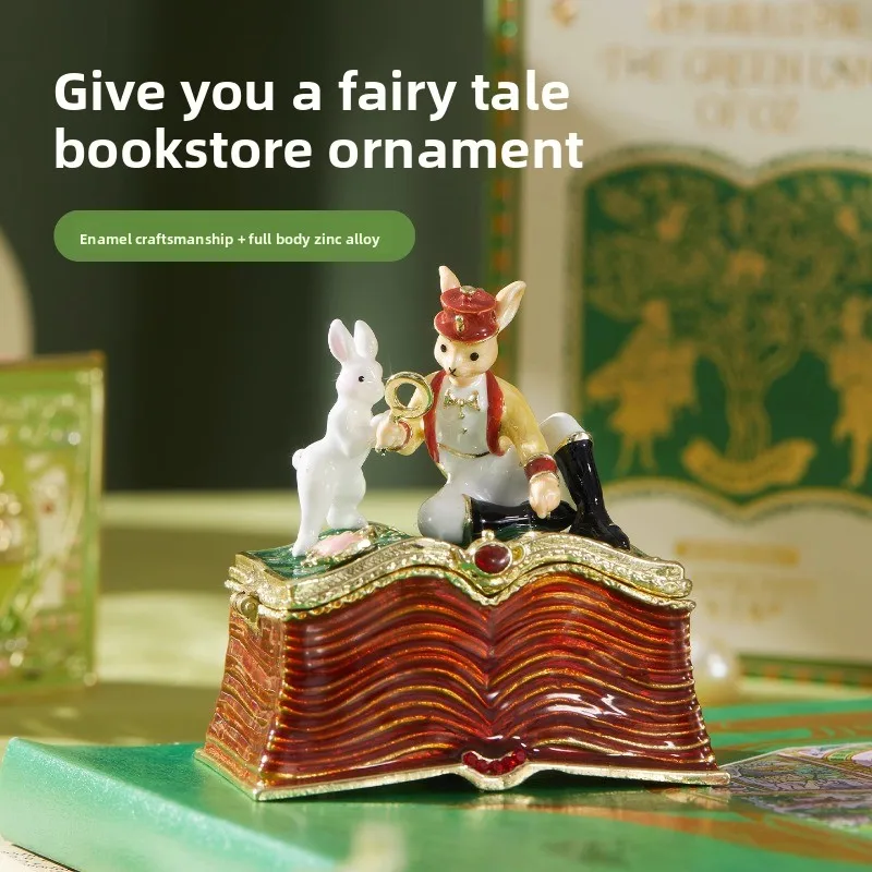 Vintage rural style gentleman rabbit enamel zinc alloy jewelry box, Wizard of Oz series magic bookstore storage box ornament
