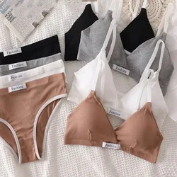 Ensemble de soutien-gorge en coton pour femme, slip sexy, culotte taille basse, bralette sans fil, lingerie de sport, soutien-gorge à col en V, ensemble de sous-vêtements féminins