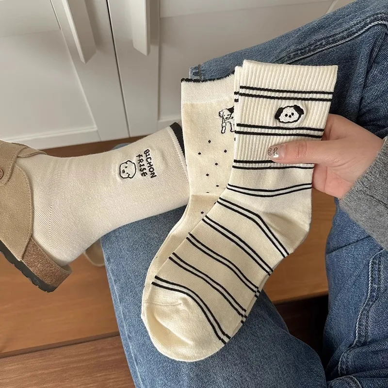 5/10 Paar Frauen Cartoon Hund reine Baumwolle gestreifte mittellange Socken für Frauen süße süße Akademie Stil hochwertige Socken