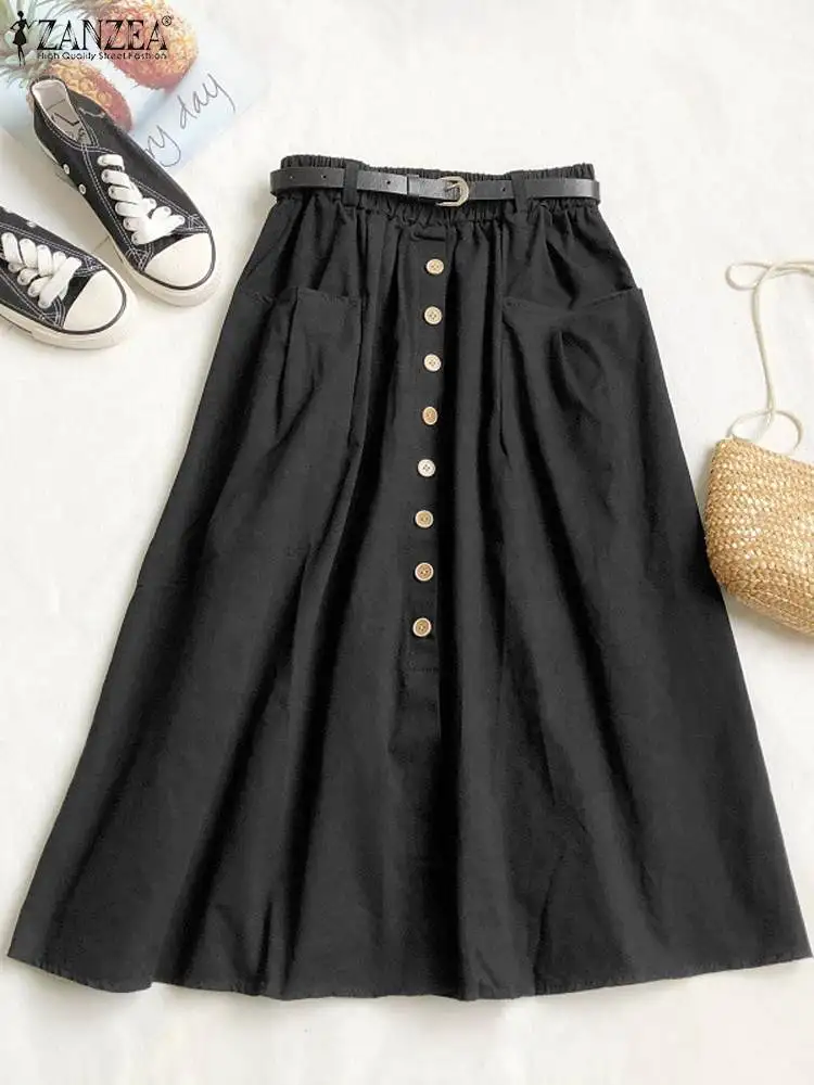 ZANZEA Casual Loose Buttons Faldas Women Umbrella Midi Skirts Fashion Elastic Waist Overskirts 2024 Summer Holiday Pocket Jupes