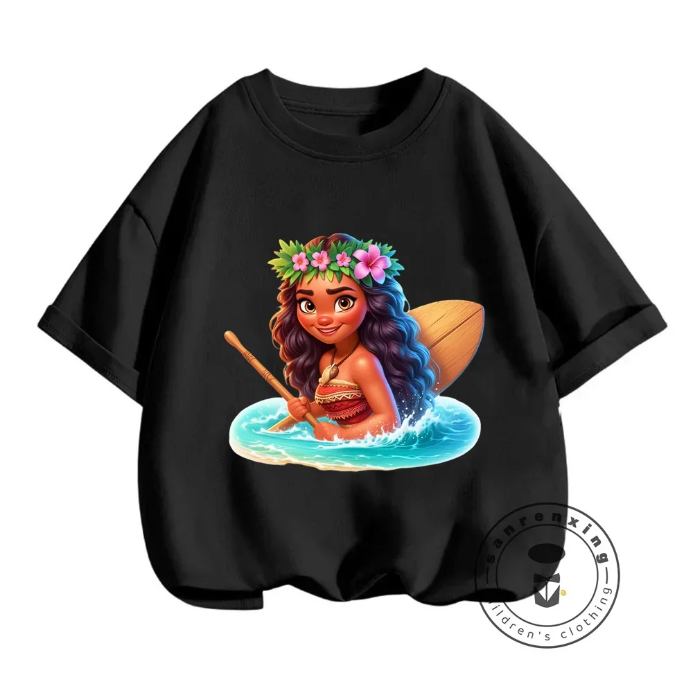 Boys' and Girls' Summer Streetwear Disney Moana Prints on T-shirts Fashionably Cute Oceanic Prints Soft O-neck for Children