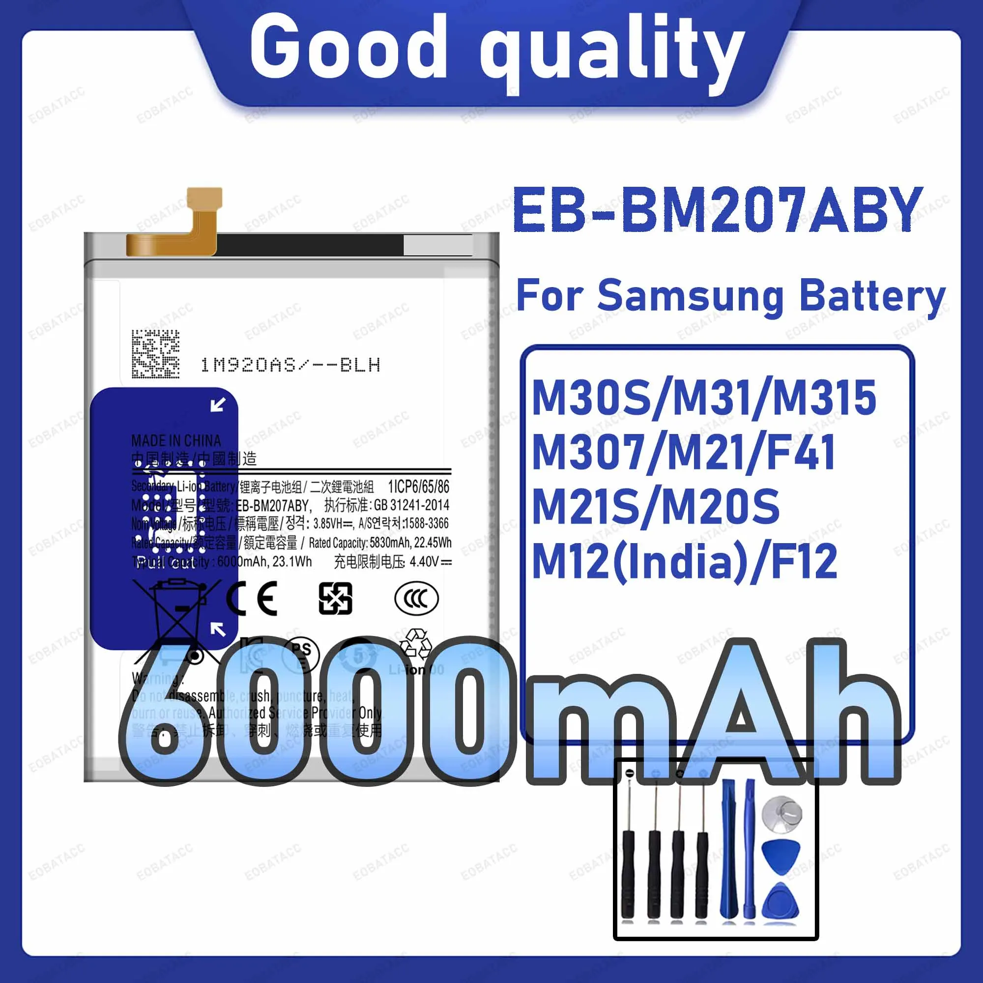 6000mAh EB-BM207ABY Replacement Battery for Samsung Galaxy M30S/M31/M315 with Repair Tools Kit