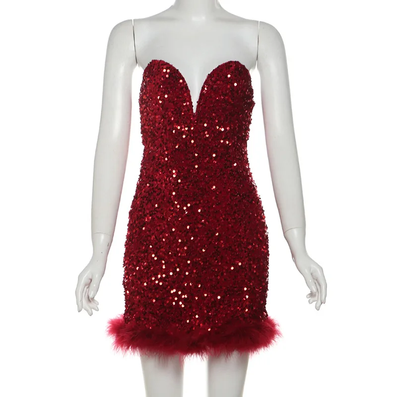 فستان SylCue لامع بدون حمالات للنساء موضة 2025 مثير مائل الرقبة بريق أنيق بدون ظهر بدون أكمام Bodycon صغير