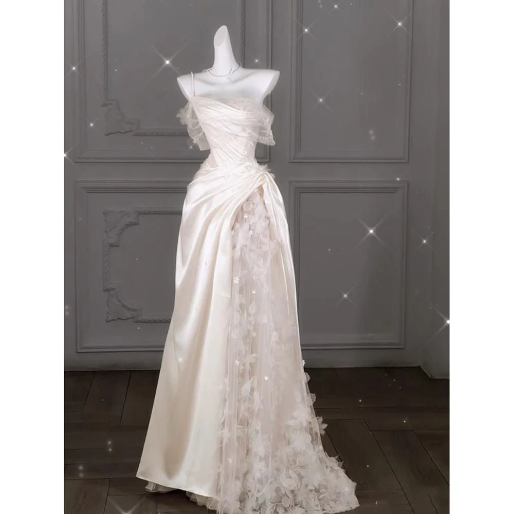 Ivory White Satin Wedding Dress Asymmetrical Fitted Train with Floral Tulle Overlay Bridal Gown Bride 2026 New
