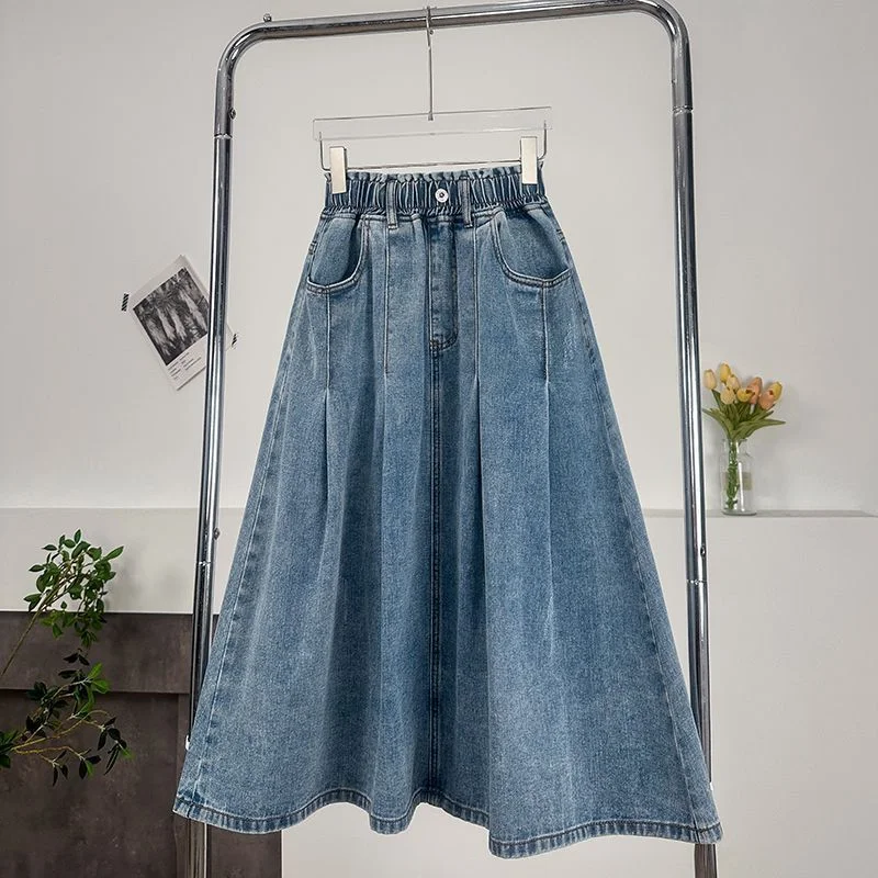 

Large Size Denim Skirt Elegant Pleats Mid Length A-line Umbrella Skirt Versatile Elastic High Waisted Women Autumn Skirt