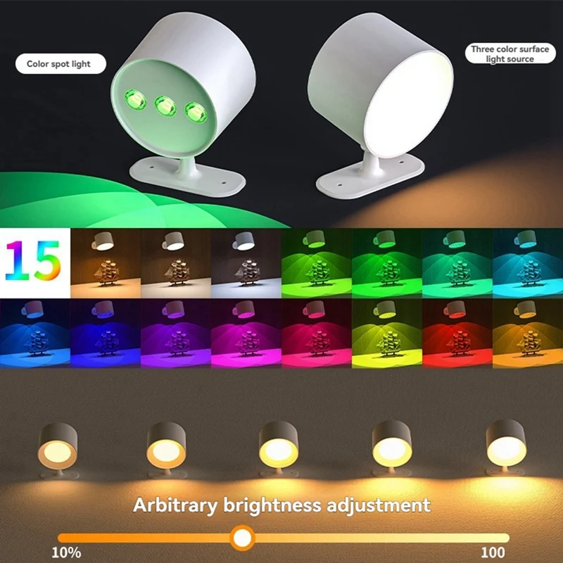 Настенный светильник ABNO-LED, 15 цветовых режимов, сенсорное управление, вращение на 360 градусов, бытовая аккумуляторная батарея.