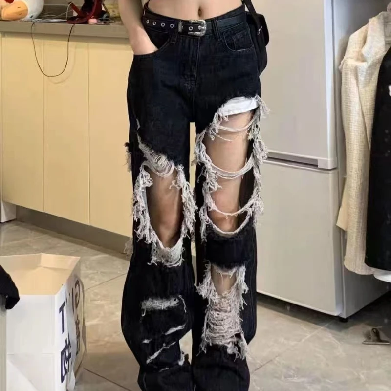 

Hot Girl's Street-breaking Ripped Jeans for Women Loose Straight-leg Floor-length Pants