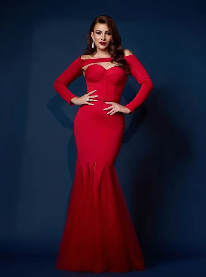 Robes formelles de soirée saoudiennes sirène rouge chaud avec manches longues Wrap queue de poisson chérie robe de gala de bal Jersey sur mesure sur mesure