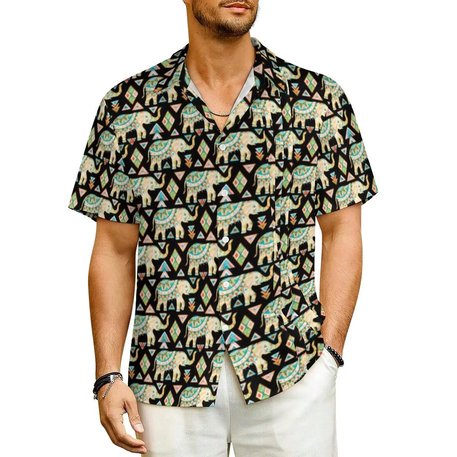 Retro Animal Silhouette Casual Shirt Cute Elephants Loose Summer Shirts Male Short-Sleeved Beach Breathable Oversized Blouses