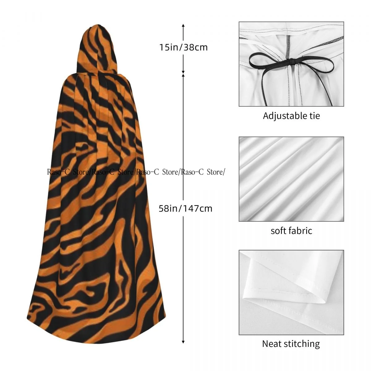 عباءة بنمط جلد الحمار الوحشي للبالغين من الجنسين مع غطاء رأس طويل للساحرة