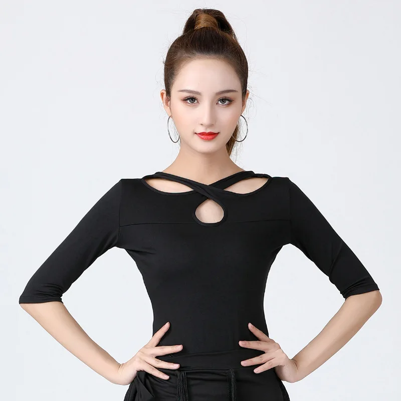 New Latin Dance Top Modern Dance Training Skills Clothing Female Adult Mid Sleeved Top Wearing Both Front and Back