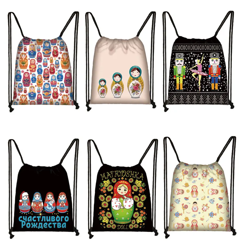 Matryoshka Doll Drawstring Bag Babushka Pattern Backpack Ladies Shoulder Bag for Travel Outdoor Sport Storage Bags Shoes Holder