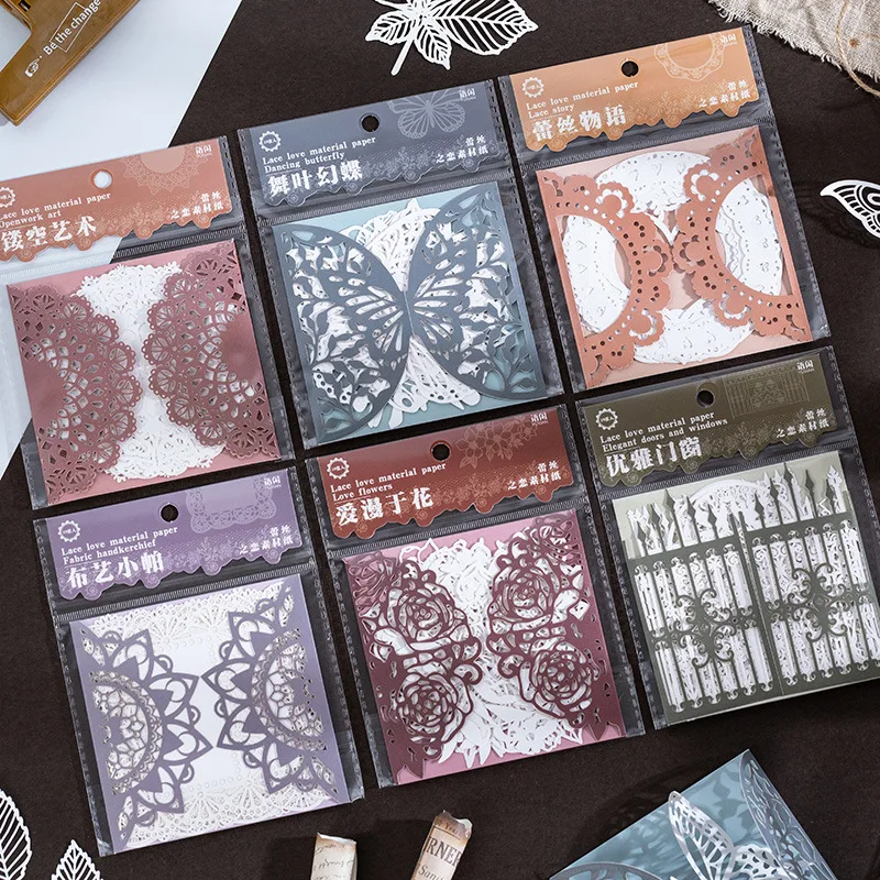 10pcs Hollow วัสดุกระดาษดอกไม้ลูกไม้ผีเสื้อตกแต่ง Retro พื้นหลัง DIY ไดอารี่สมุดภาพตกแต่งเครื่องเขียนสติกเกอร์