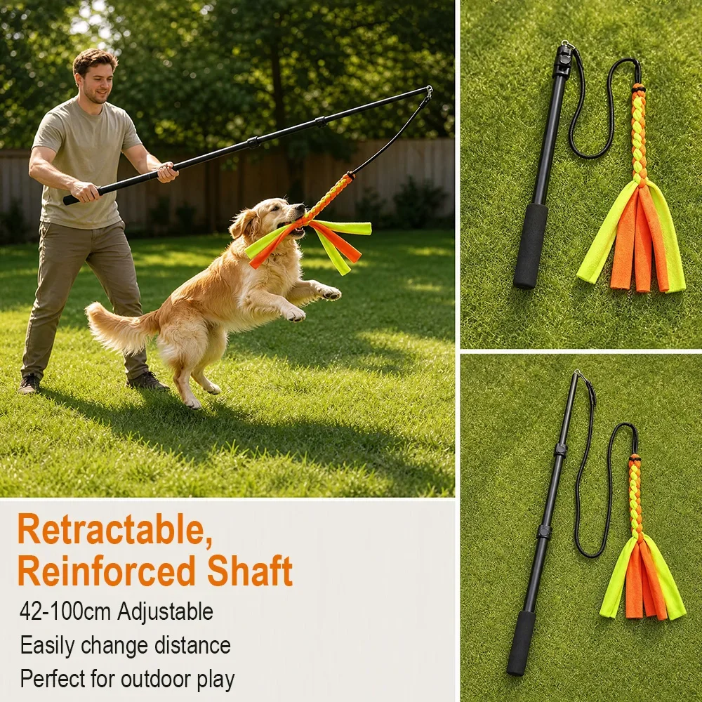 3-Section Telescopic Dog Flirt Pole 42-100cm Portable Pet Teaser Stick Interactive Chase Training Toy Set for Dogs Cats