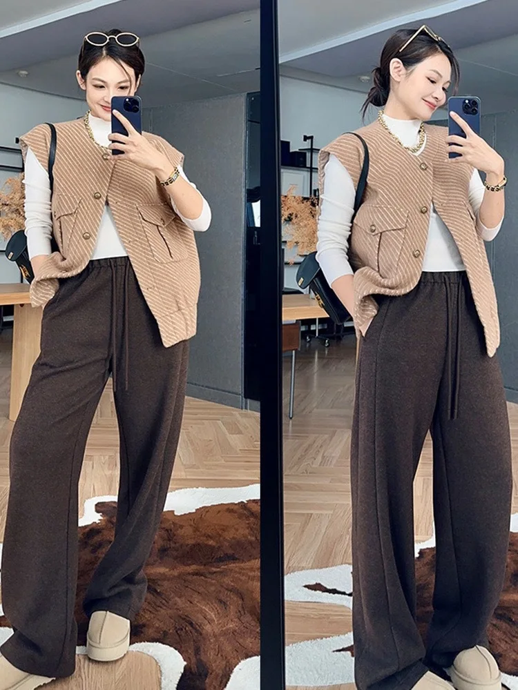 Casual Loose Slimming Waist Drawstring Three-dimensional Cut Loose Micro Arc Wide Leg Trousers Pants Sets Jeans Clothes Women