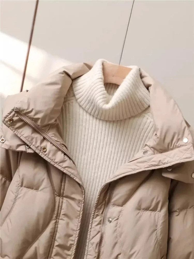 الأبيض بطة أسفل سترة المرأة الدافئة منتصف طول سترة منفوخة 2025 جديد الخريف الشتاء موضة عادية مقنع بطة أسفل معطف الإناث #5