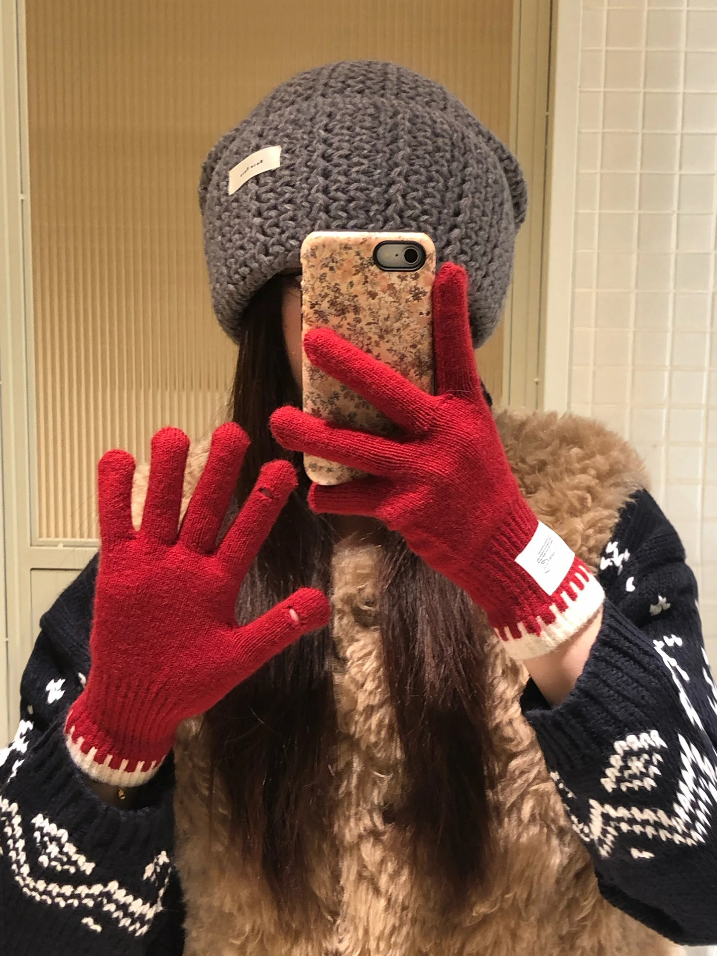 Red Knitted Wool Blend Gloves Women's Winter Cycling Warm Cold Resistant Touch Screen Compatible Five Finger Woolen Gloves
