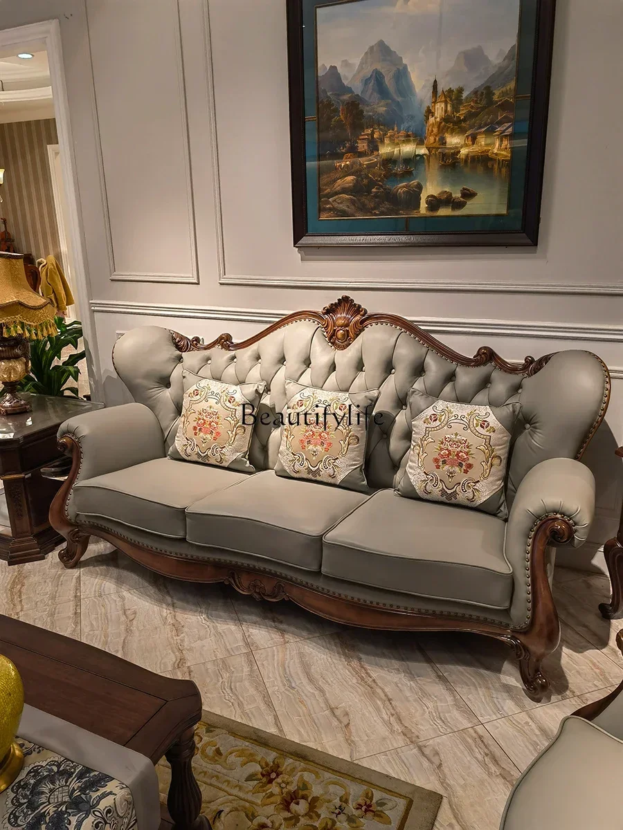 

LJY*American black walnut sofa solid wood carving flower U-shaped leather sofa