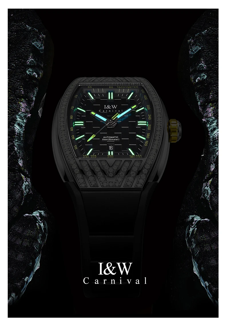 I&W Men Automatic Watch Tonneau Luxury Mechanical Wristwatch Luminous 50m Waterproof Rubber Strap Zircon Decoration