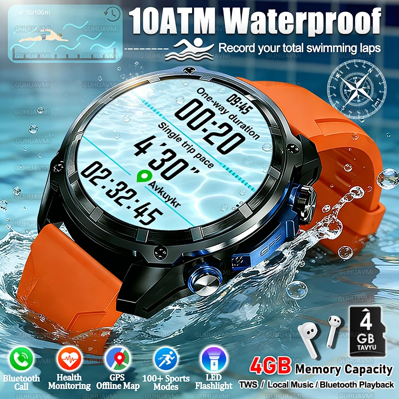 

Умные часы для глубоководного плавания для мужчин, водонепроницаемые до 10ATM, с офлайн-картами, 4 ГБ памяти, компасом, фонариком, Bluetooth-звонками и GPS.