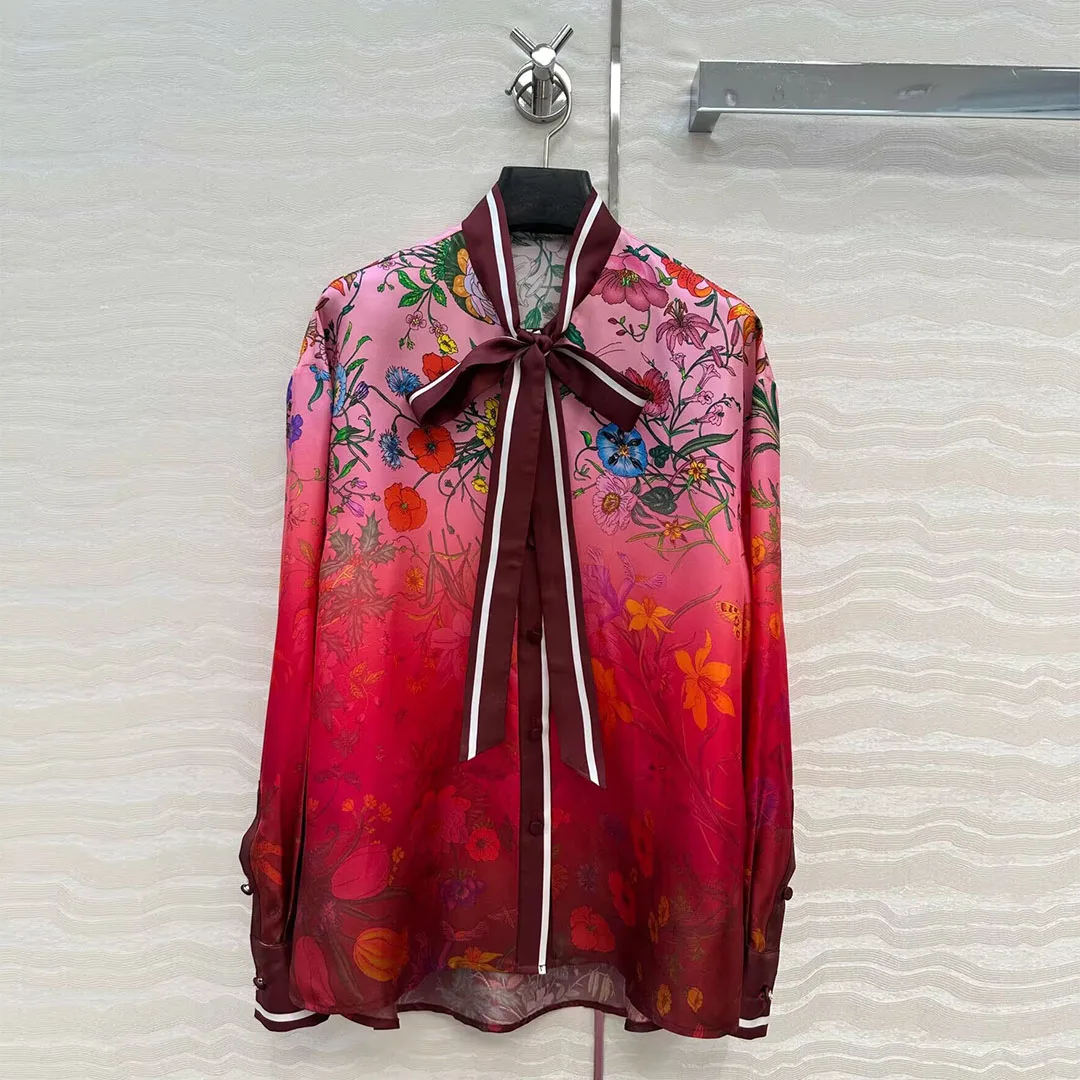 

Vintage Floral Print Pattern 100% Silk Shirt Women New Autumn Lace-up Bow Collar Long Sleeve Elegant Red Blouse Sweet Tops