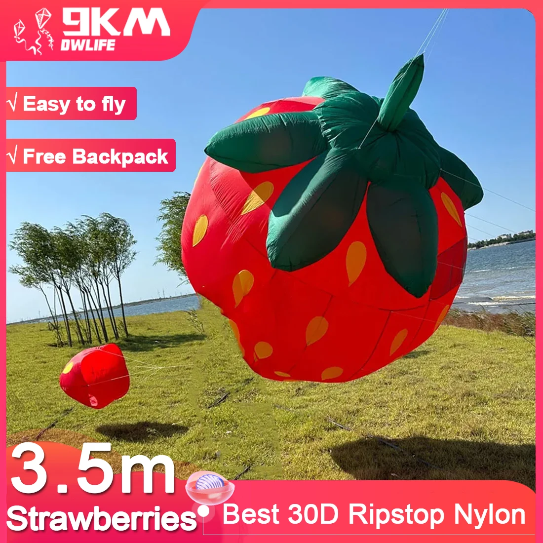 9KM 3.5m Strawberries Kite Line Laundry Pendant Soft Inflatable Show Kite for Kite Festival 30D Ripstop Nylon Fabric