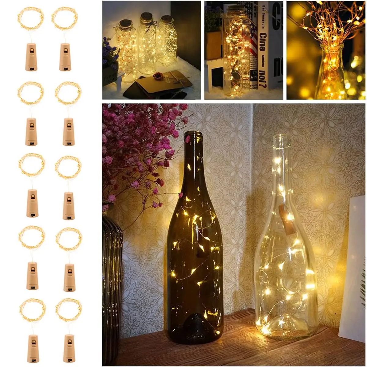 10 Pack 20LED Wine Bottle Lights Copper Wire Silver Battery Operated Fairy Lights With Cork String Light For DIY Christmas Decor